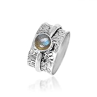 Sechi Natural Labradorite925 Sterling Silver Statement Spinner Flowers Ring Fidget Anxiety Relief Band Jewelry for Women