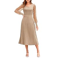 MIHOLL Women's Mesh Puff Long Sleeve Dress Crew Neck Pleated Midi Dress Casual Ribbed Knit Sweater Dresses