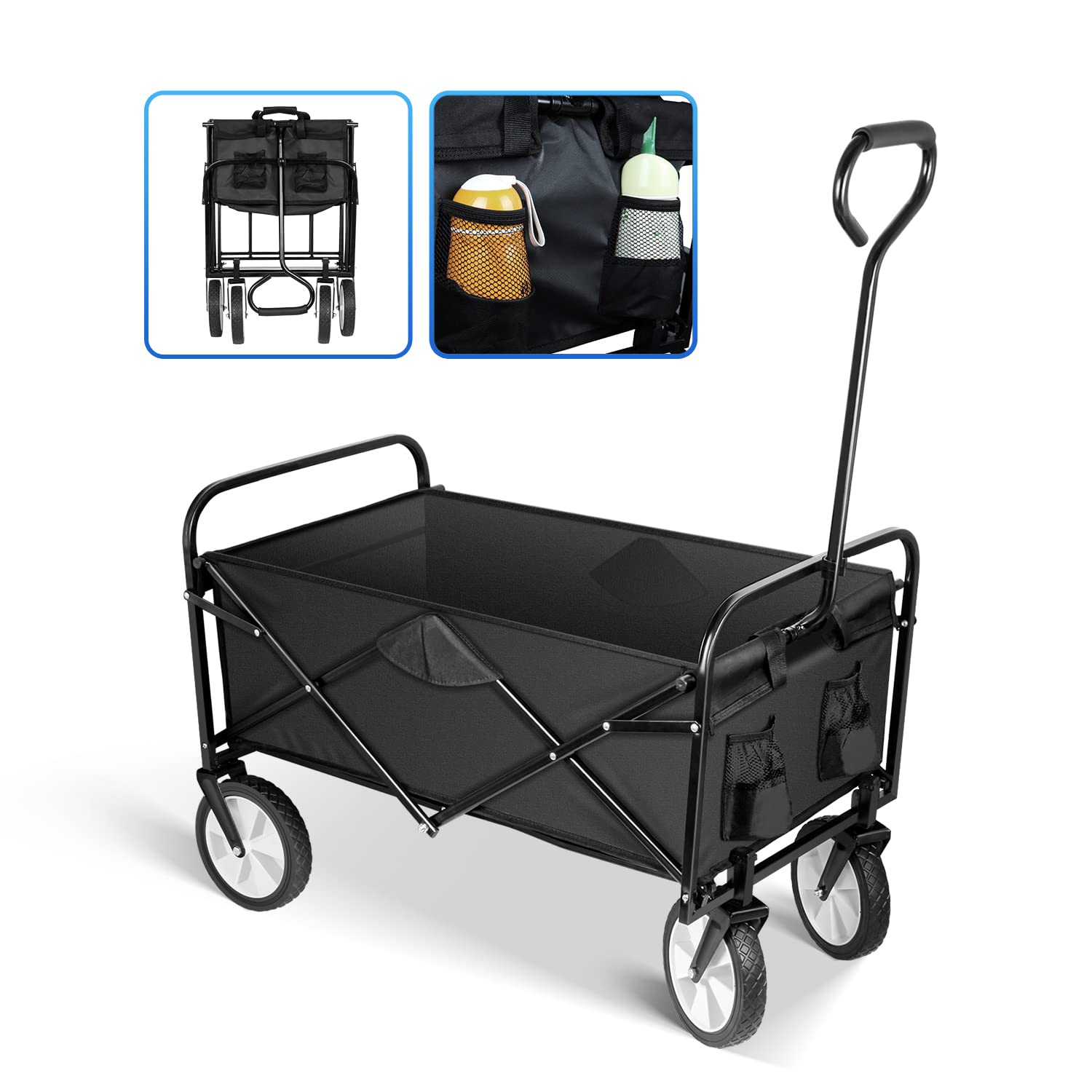 YSSOA Rolling Folding & Rolling Collapsible Garden Cart, Outdoor Camping Wagon Utility with 360 Degree Swivel Wheels & Adjustable Handle, Black 220lbs Weight Capacity