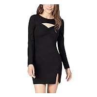 Speechless Womens Stretch Cut Out Ruched Split-Hem Long Sleeve Crew Neck Short Cocktail Body Con Dress