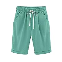 Cotton Linen Shorts for Women Knee Length Bermuda Shorts Elastic Waist Summer Loose Workout Shorts Lightweight Beach Short