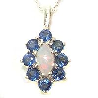 Ladies Solid 925 Sterling Silver Natural Opal & Blue Sapphire Cluster Pendant Necklace