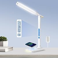 Led Desk Lamp with Wireless Charger, White Desk Lamps for Home Office with Clock, Alarm, Date, Temperature | Desk Light with Night Light, 46 Min Auto Timer | Touch Control Smart Lamp for College, Dorm