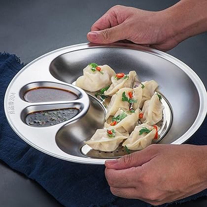 DOITOOL Stainless Steel Dumpling Plate with Sauce Compartment Serving Plate with Sauce Holder Chips and Salsa Plate Japanese Plate Dip Serving Plate with Sauce Divider Sauce Dish