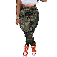 Vakkest Womens Camo Cargo Pants Army Fatigue Jogger Camouflage High Waist Trouser Clubwear Y2K Sweatpants with Belt