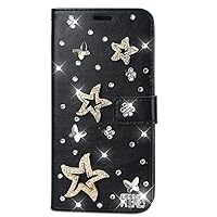 Crystal Wallet Phone Case Compatible with Moto G Pure - Star - Black - 3D Handmade Sparkly Glitter Bling Leather Cover with Screen Protector & Neck Strip Lanyard