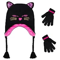 Girls Winter Cat Ear Beanie Hat and Gloves Set Kids Knitted Earflap Cap Mitten Set for Ages 3-7