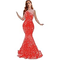 Women's One Shoulder Velvet Sequin Prom Dress 2023 Long Mermaid Formal Evening Gown Glitter