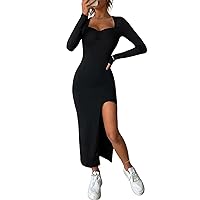 LovelyWholesale Women's Split Sweetheart Neck Dress Long Sleeve Bodycon Maxi Dress