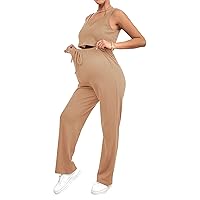 OYOANGLE Women's Maternity 2 Piece Pajamas Set Rib Knit Sleeveless Crop Tank Top and Drawstring Waist Pants Loungewear
