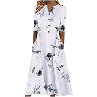 Summer Dresses for Women 2023 Midi Dress Floral Print Button Down Boho Long Dress V Neck Short Sleeve Beach Sundresses