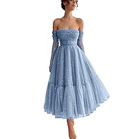 Maxianever Sparkly Starry Tulle Prom Dresses with Gloves Women’s Tea Length Formal Evening Gowns for Teens