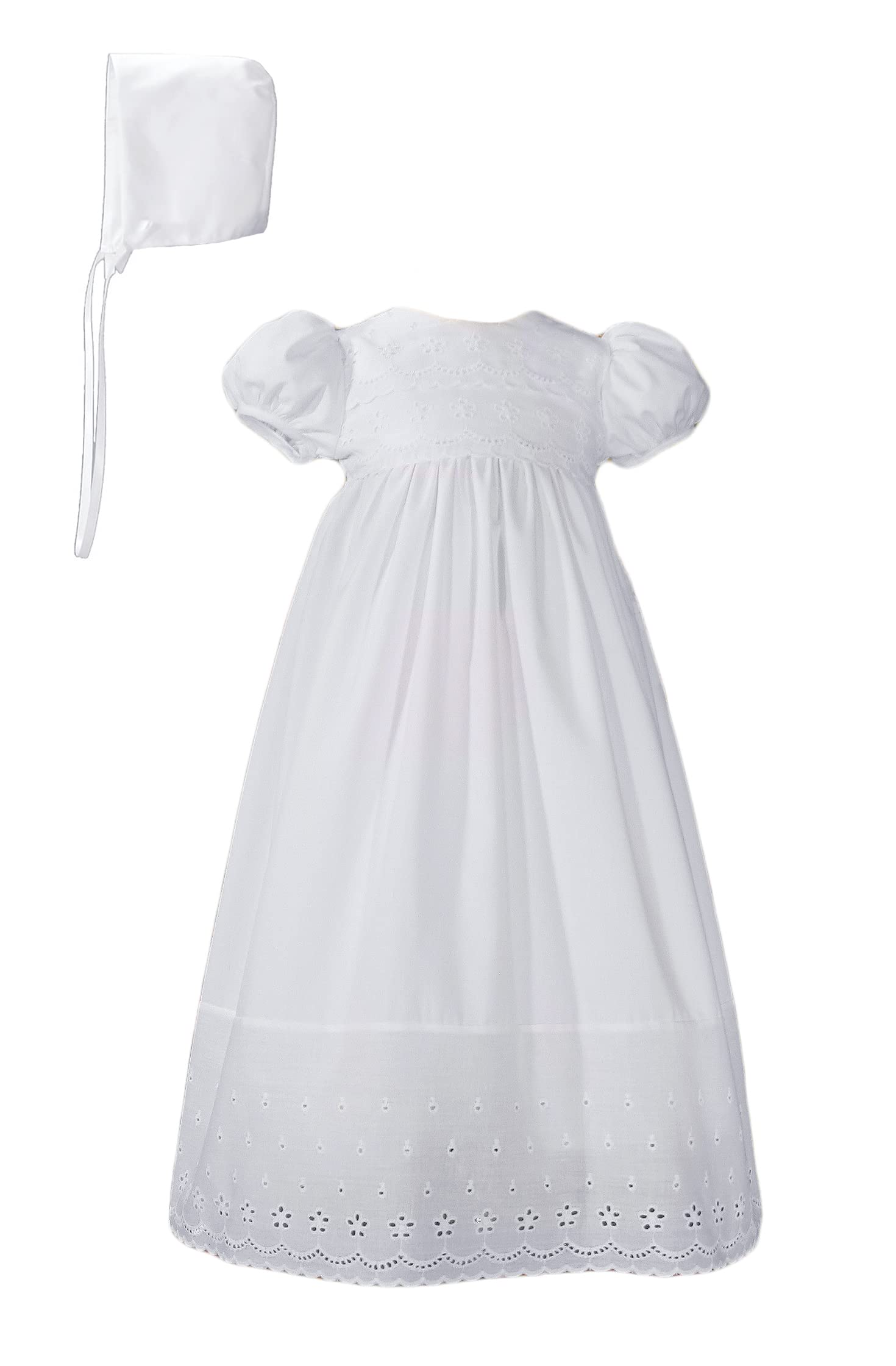 White Cotton Christening Baptism Gown with Lace Border with Bonnet