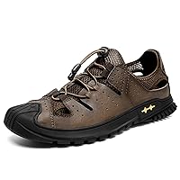 Men's Hiking Sandal Perfunctory Hand Made Cut Out Shoes with Leather Stitching Fabric Mesh Steel Toe No Tie Shoeslaces Bungee Lacing Solid Colour