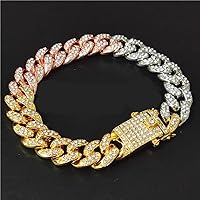 Hip Hop Rose Gold Color Bling Iced Out Full AAA Crystal Men's Bracelet Miami Cuban Link Chain Bracelets for Men Jewelry Dropship (Length : 7inch, Metal Color : Baishimei053536)