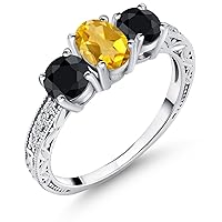 Gem Stone King 2.25 Ct Oval Yellow Citrine Black Sapphire 925 Sterling Silver Ring