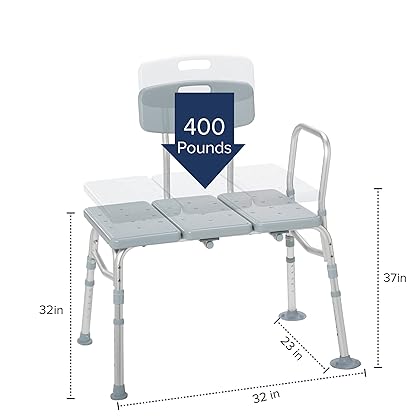 Drive Medical 12011KD-1 Tub Transfer Bench For Bathtub, Height Adjustable Shower Bench with Backrest, Shower Seat Shower Chair Bath Chair for Elderly, Seniors, Arm Support for Transfer, 400 Weight Cap