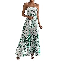 Womens Summer Dresses Allover Print Ruffle Hem Tube A-Line Maxi Dress