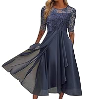 Women Casual Dresses 2023 Summer Women's Tea Length Embroidery Lace Chiffon Dress Mock Dress