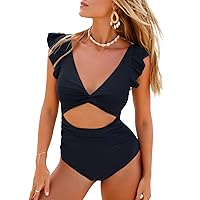 CUPSHE Women's One Piece Swimsuit Plunging V Neck Bathing Suit Front Twist Cutout Ruffled Back Hook