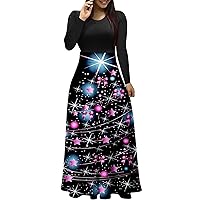Womens Long Sleeve Dress Shiny Christmas Tree Long Dresses Empire Waist Full Length Maxi Dress Holiday Party Dress