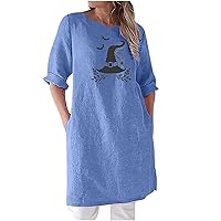 Halloween Dresses for Women Cute Witch Hats Print Cotton Linen Dress Plus Size 3/4 Sleeve Loose Swing T Shirt Dress