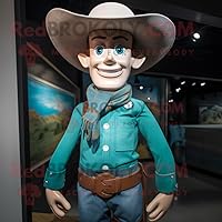 Teal Cowboy mascot costume character dressed with a Henley Shirt and Suspenders