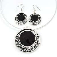 Avalaya Black Enamel Medallion Flex Wire Necklace & Earrings Set/Silver Tone/Adjustable