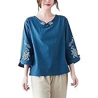 Womens Sateen Blouses Ladies Thin Style Spring Style Cotton and Linen Top Plate Buckle Large Size Plus Size (Blue, XL)