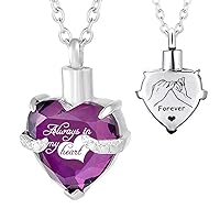HQ Stainless Steel Cremation Jewelry Heart Ashes Keepsake Crystal Pendant Urn Necklace Ashes Engraved Keepsake Memorial Pendant (February)