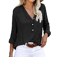 Women's Button Down Shirts Loose Single Breasted Solid Color Long Sleeve Casual Work Blouses Top V Neck Work Shirts