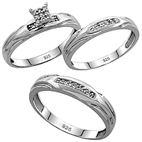 Genuine 925 Sterling Silver Diamond Trio Wedding Sets for Him and Her V Groove 3-piece 4.5mm & 3.5mm wide 0.13 cttw Brilliant Cut sizes 5-14