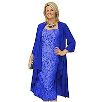 Women's Tea Length Mother of The Bride Dress Chiffon 2 Pieces Lace with Jacket Royal Blue