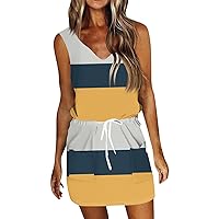 Summer Floral Dresses Sundresses for Women 2024 Striped Print Casual Fashion Slim Fit with Waistband Short Sleeve V Neck Summer Dress Orange Small