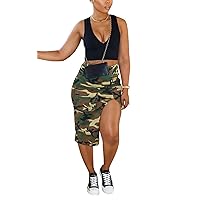 Camouflage Skirts for Women Sexy High Waisted Mini Camo Denim Cargo Skirt Plus Size with High Split