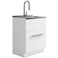SIMPLIHOME Metro Modern 28 Inch Laundry Cabinet with Faucet and Stainless Steel Sink in White, For the Laundry Room and Utility Room