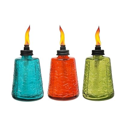 TIKI 1116040 Brand Molded Glass Table Decorative Outdoor Torch for Patio, Lawn, and Garden, 6 in, (Set of 3), Red, Green and Blue