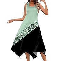 Casual Long Dress Summer Dresses for Women 2024 Floral Print Elegant Pretty Flowy with Sleeveless Round Neck Tunic Sundress Mint Green Medium