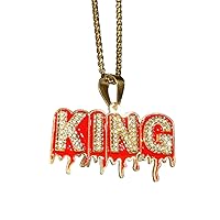 Men Women 925 Italy Gold Finish Iced King Ice Out Pendant Stainless Steel Real 2 mm Rolo Chain Necklace, Mens Jewelry, Iced Pendant, Rolo Necklace