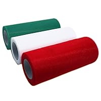 3 Colors（6 Inches by 25 Yards/Spool）Christmas Tulle Rolls Tulle Fabric Spool Ribbons for Decoration (White, Green and Red)
