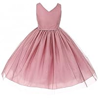 Sleeveless V Neck Glitter Tulle Overlay Princess Flower Girl Dress Size 4-12