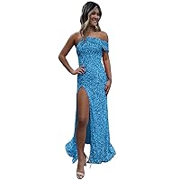 One Shoulder Prom Dress Sparkly Sequin Formal Dress with Slit Mermaid Evening Gown for Women BU126