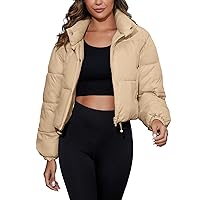 Flygo Cropped Puffer Jacket Womens Winter Warm Water Resistant Long Sleeve Bubble Coats With Pockets