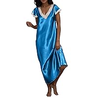 Blue Spring Dresses for Women 2024, Womens Short S0leeve V Neck Homewear Pajamas Long Dress Nightgowns Sleepwe