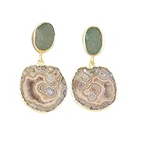 Guntaas Gems Geode Druzy & Raw Green Strawberry Quartz Collet Setting Brass Gold Plated Drop Earring