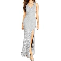 City Studio Womens Gray Glitter Lace Floral Sleeveless V Neck Full-Length Sheath Formal Dress Size 7