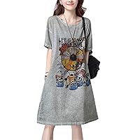 Flygo Womens Short Sleeve Crew Neck Print Linen Casual Dress Loose Long Blouse Top