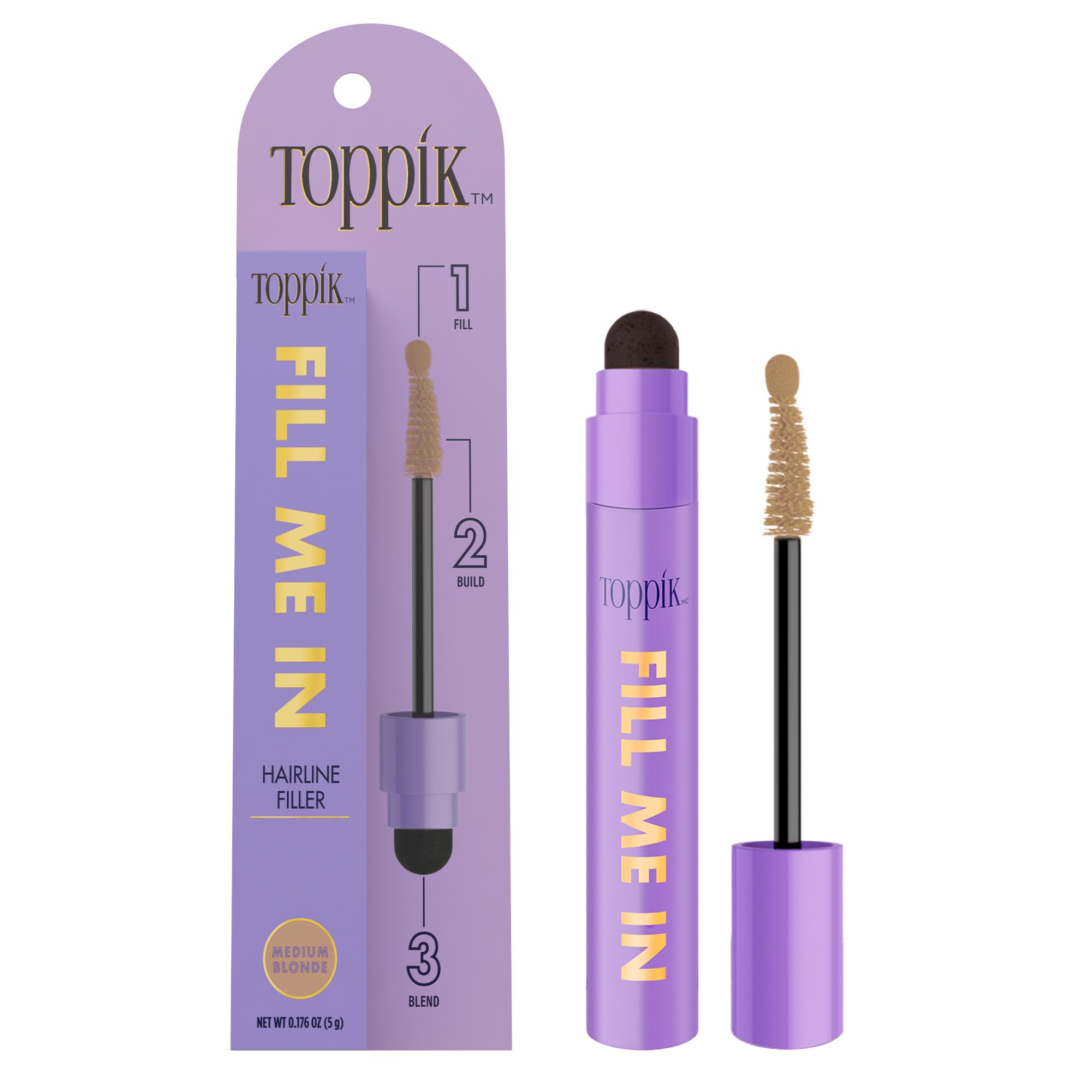 Toppik Fill Me In Hairline Filler, Hair Color Root Touchup, Hair Fibers Wand, Fills In Thinning Hairline, Hair Styling Product, 0.176 oz (5 g), Medium Blonde
