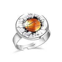 Basketball in the Damage Wall Crack Adjustable Rings for Women Girls, Stainless Steel Open Finger Rings Jewelry Gifts