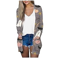 Fall Maxi Cardigans for Women Plus Size Halloween Pumpkin Cardigan Long Sleeve Open Front Outerwear with Pockets